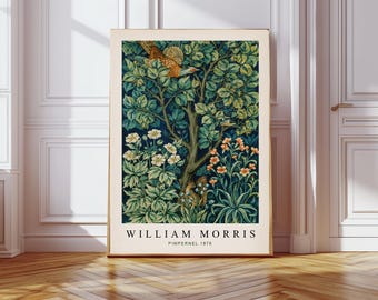 May include: A framed art print featuring a detailed illustration of a tree with lush green foliage, white flowers, and orange blooms. A bird is perched in the tree. The print is labeled "WILLIAM MORRIS PIMPERNEL 1876". The frame is a light beige color.