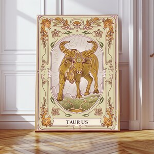 Impression signe astrologique taureau, art mural zodiaque, carte de tarot, décoration de chambre à coucher bohème, horoscope spirituel, astrologie, cadeau, décoration fille, art signe astrologique
