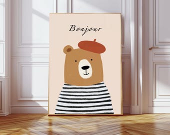Bonjour Bear Nursery Print, French Nursery Art, Bear Nursery Art, Whimsical Animal Art,Kids Room Decor, Bonjour art print, Animal Print