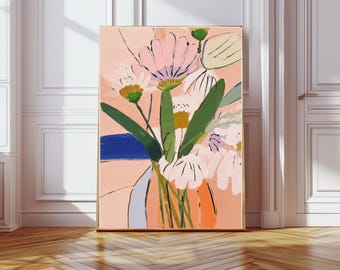 May include: Abstract floral art print featuring a bouquet of flowers in a vase. The artwork uses a palette of pink, orange, green, and blue. The flowers have white petals and green stems. The artwork is framed in a gold frame.