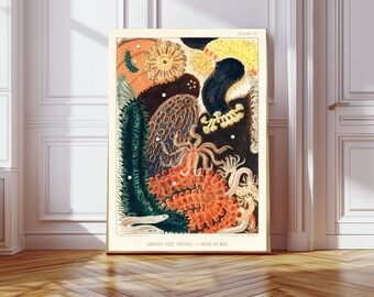 Poster natuurhistorische tentoonstelling, print Barrier Reef, educatieve prenten, plantensoorten, poster zeedieren, educatieve illustratie