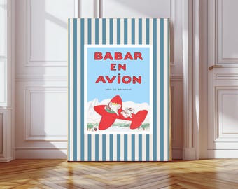Babar the elephant En Avion nursery wall art retro kids decor quote wall art genre neutral baby wall art illustration nursery print,