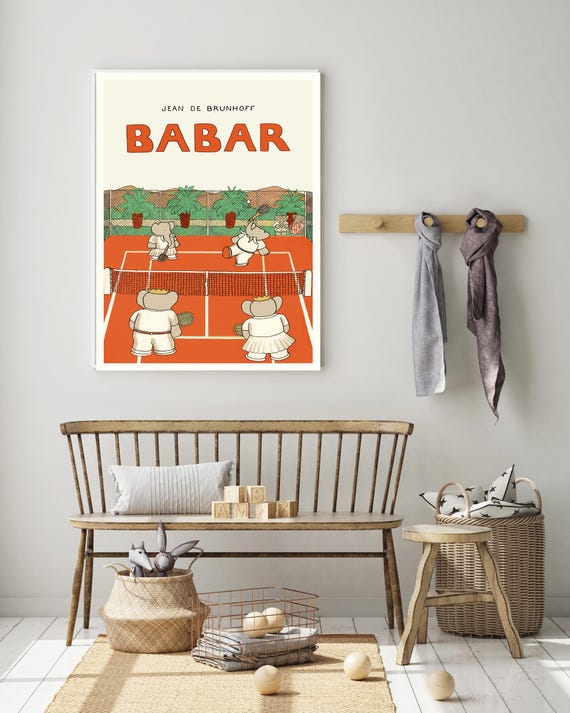 Babar the Elephant Tennis Nursery Wall Art Retro Kids Decor Quote