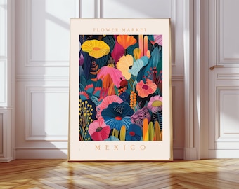 May include: A colorful illustration of a flower market in Mexico. The image features a variety of flowers in shades of pink, yellow, blue, and red, with green leaves and stems. The text "FLOWER MARKET" and "MEXICO" are printed at the top and bottom of the image.