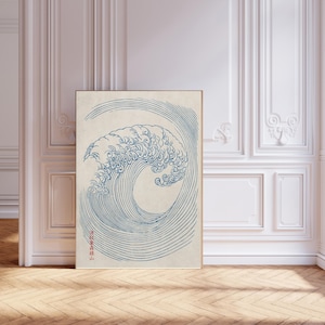Puede incluir: Una ilustraci&oacute;n azul y blanca de una gran ola rompiendo. La ola est&aacute; dibujada en un estilo detallado y arremolinado. El texto "神奈川沖浪裏" est&aacute; escrito en kanji rojo en la parte inferior de la imagen.