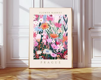 May include: A colourful floral print poster with the text "FLOWER MARKET PRAGUE". The poster features a variety of flowers in shades of pink, red, orange, yellow, blue, and green.