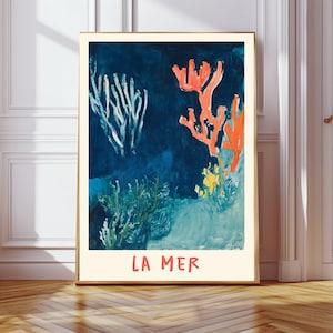 La Mer - Póster de mar - Impresión de conchas marinas - Decoración costera francesa - Arte de pared azul, decoración de casa de playa, impresión de arte marino, impresión costera, impresión navideña