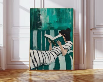 Emerald Green Reading Woman  Wall Art, Minimalist Abstract Portrait, Cozy Contemporary  Poster for Modern Interiors, Book female print,