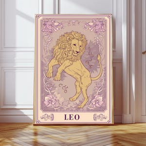 Impression signe astrologique Lion, art mural du zodiaque, carte de tarot, décoration de chambre à coucher bohème, horoscope spirituel, astrologie, cadeau, décoration de fille, art du signe astrologique