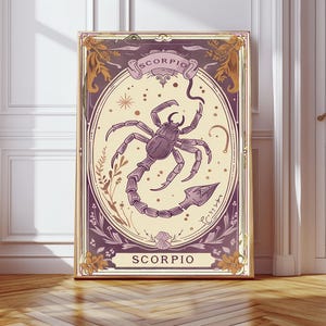 Impression signe astrologique du Scorpion, art mural du zodiaque, carte de tarot, décoration de chambre à coucher bohème, horoscope spirituel, astrologie, cadeau, décoration de fille, art du signe astrologique