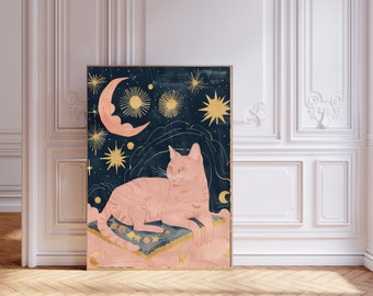 Cat Art Print, Cat Art Print, Magical Print Poster, Cat Print, Wall Decor, Wall Art, Moon and stars Art Print, Cat Art Print, Cat moon art