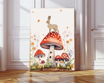 Mushroom nursery Art Print, rabbit Minimalist Nursery Wall Art, Vintage nursery Print, Kids Room, new born gift, Art for babay's room
