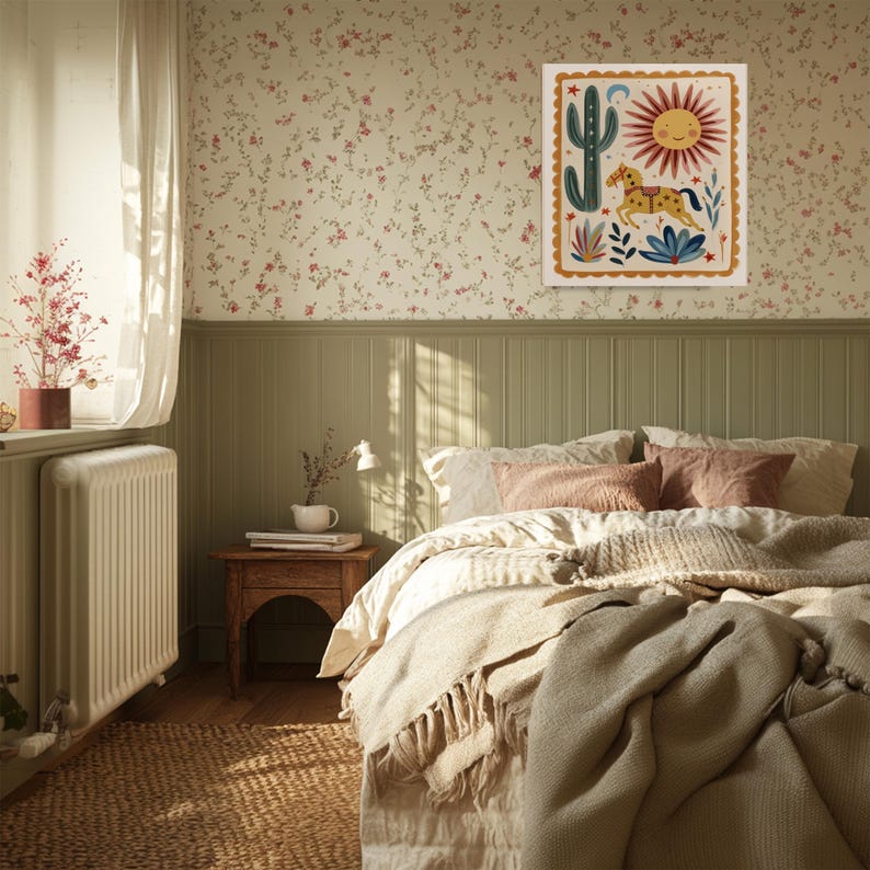 Lámina decorativa infantil con motivos caprichosos, lámina de caballos para guardería, lámina para habitación de bebé, estilo bohemio para sala de juegos infantil, arte mural ilustrado, lámina del Lejano Oeste. imagen 5
