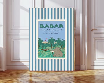 Babar l'elefante, decorazione murale a righe blu per la cameretta, arredamento retrò per bambini, Babar blu decorazione murale per neonati, illustrazione stampa per cameretta, stampa per bambini