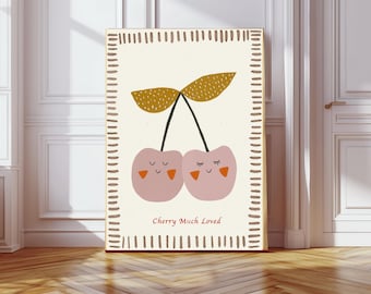 Cute Cherry Nursery Print, Baby Nursery Art, Fruit Nursery Art, Whimsical Animal Art, kids room Decor, Nursery Art Print, kids room decor