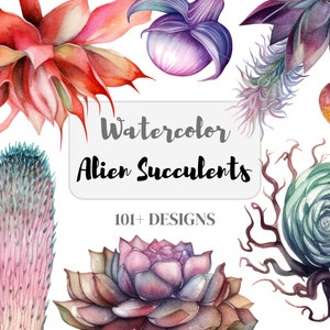 May include: Watercolour illustration of 101+ alien succulent designs. The illustration features a variety of succulents in different colours and shapes, including purple, pink, red, green, and blue.