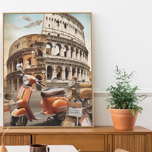 Rome Collage Digital Print - Vespa Scooter & Colosseum - Iconic Italian Art for Home or Office
