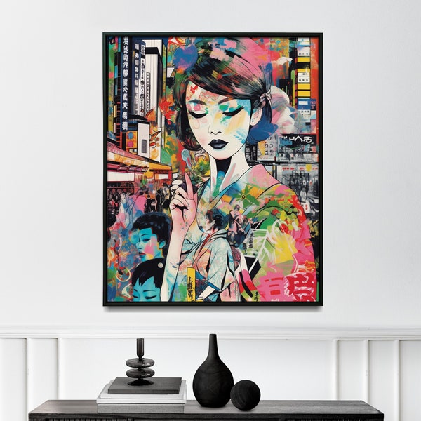 Tokyo Fusion Collage Digital Print, Colorful Kimono Woman in a Dynamic Cityscape for Home or Office Decor, Tokyo Collage Digital Print