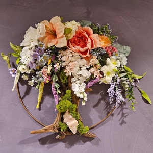 Tree of Life Flower Wreath Small Hanging Wreath with Dried Moss All Season Wall Decor Handmade Interior Accent Gift for Nature Lover