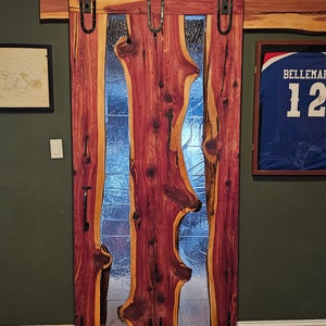 Live edge wood cedar door with epoxy and hand forged wrought iron hardware image 1