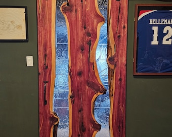 Live edge wood cedar door with epoxy and hand forged wrought iron hardware