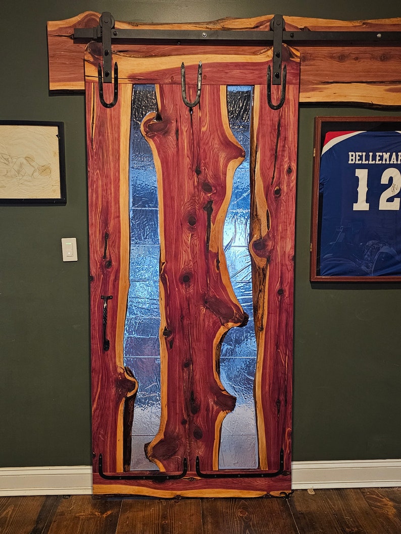 Live edge wood cedar door with epoxy and hand forged wrought iron hardware image 1