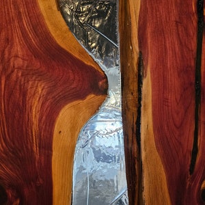 Live edge wood cedar door with epoxy and hand forged wrought iron hardware image 5