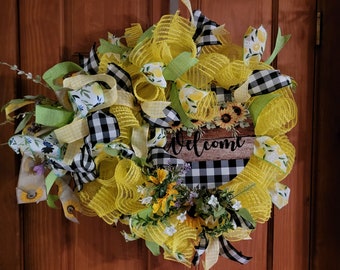 Welcome Front Door Year Round Wreath summer wreaths wedding gift unique gifts for her handmade gift for her yellow gift home decor wall art