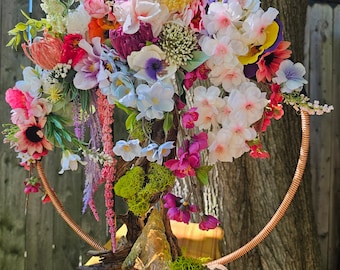 Corona de flores primaverales con árbol de la vida, colgante de puerta tropical minimalista, arte de pared bohemio moderno, regalo de inauguración de la casa.