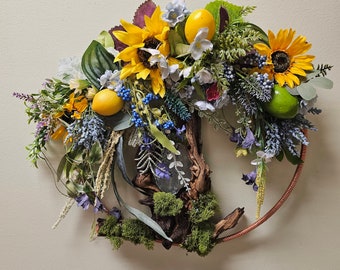 Summer Lemon Sunflower Wreath Small Deco Mesh Door Hanging Wreath Handmade Yellow Floral Accent for Porch Wall Kitchen Decor Gift
