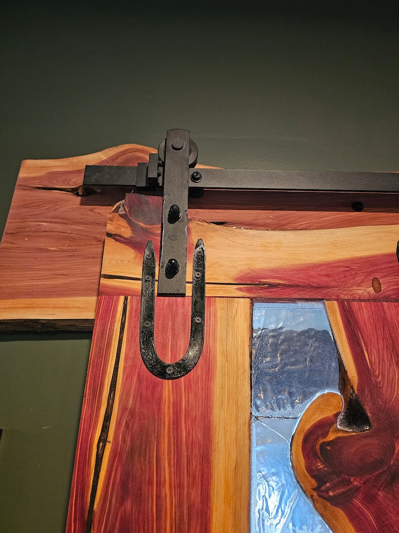 Live edge wood cedar door with epoxy and hand forged wrought iron hardware image 6