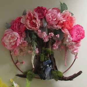 Summer Spring Pink Flower Wreath Tree of Life Small Hanging Wreath Handmade Door Decor Anniversary Gift Unique Floral Home Accent