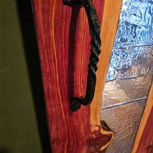Live edge wood cedar door with epoxy and hand forged wrought iron hardware image 2