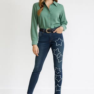 Starred pants size 28 waist 30 L painted jeans fashionable clothing stars on clothes clothes with hearts image 1