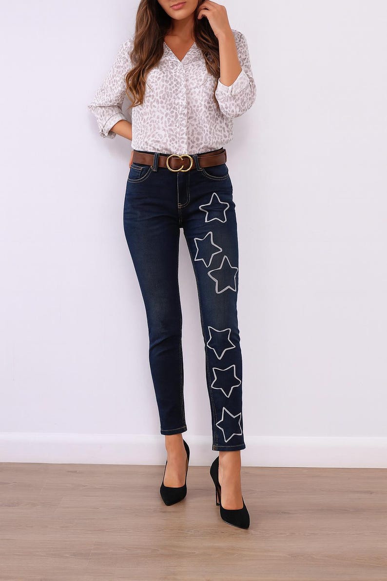 Starred pants size 28 waist 30 L painted jeans fashionable clothing stars on clothes clothes with hearts image 7