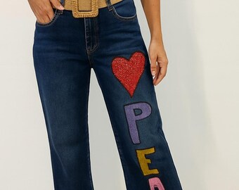 Blue Jeans size 12 waist 30 Peace sign  painted on heart hip modern original club wear