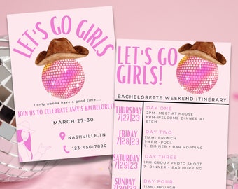 Disco Cowgirl Last Rodeo Bachelorette Weekend Invitation + Itinerary Template, Editable, Printable, Digital,  Instant download