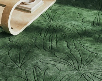 Carved Floral Green Hand-Tufted Area Rug, Soft Wool Rug For Bedroom Aesthetics, Living Room, Hall, Kitchen, Home Decor, Entryway Custom Rugs