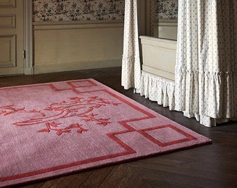 Chinoiserie - Scarlet Pink, Hand-Tufted Wool Area Rug/Carpet For Bedroom Aesthetics, Living Room, Hall, Kitchen, Office