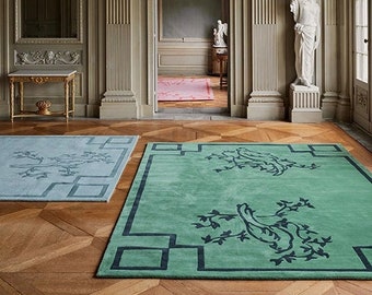 Chinoiserie - Parrot Green, Hand-Tufted Wool Area Rug/Carpet For Bedroom Aesthetics, Living Room, Hall, Kitchen, Office