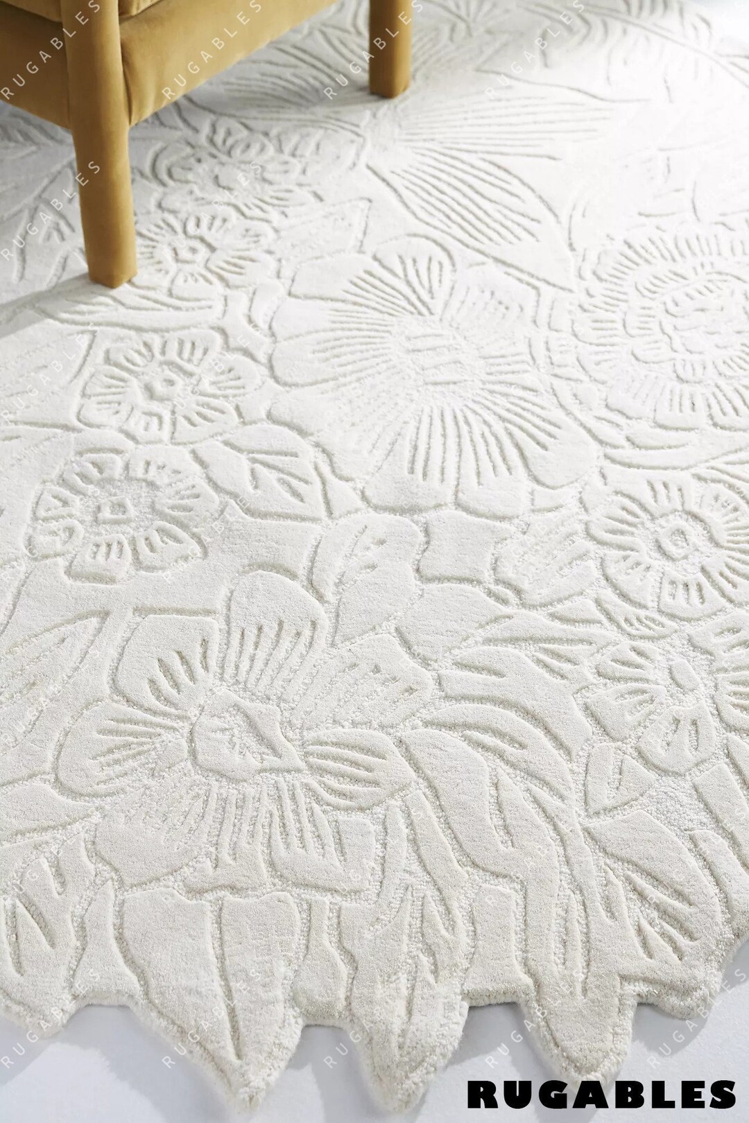 Bohemian Floral Pattern, Cream-white, Round Wool Hand-tufted Area Rug ...