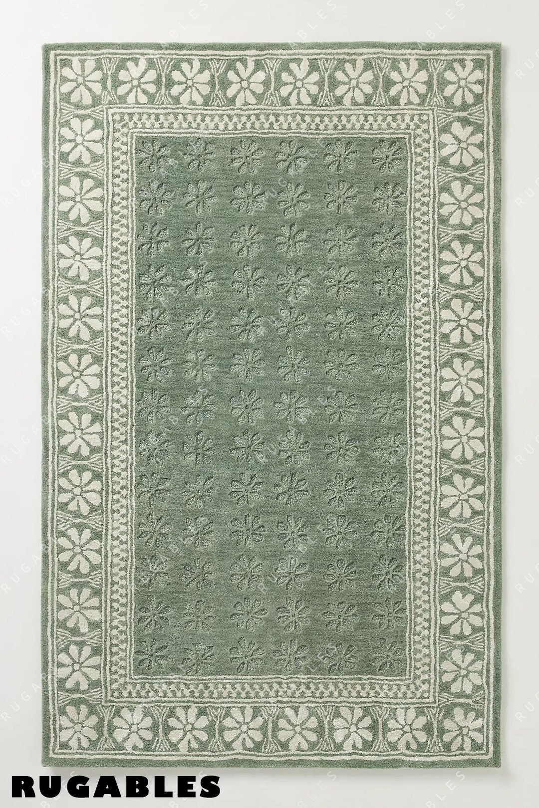 Wilfred Hand-tufted Wool Rug, Floral Design, Soft Green and White ...