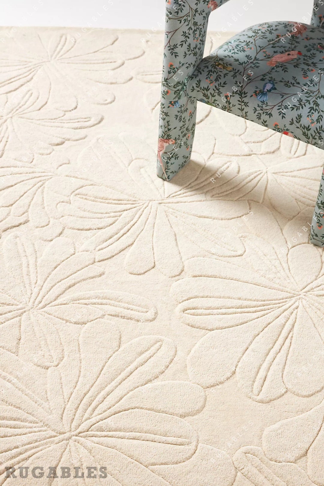 Carved Floral Ivory Hand-tufted Area Rug, Soft Wool Rug for Bedroom ...