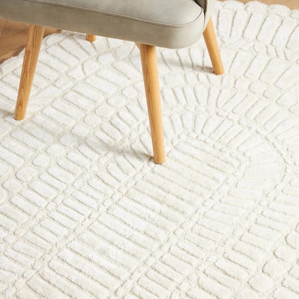 Leighton Rug - Cream-White, Hand-Tufted Wool Area Rug/Carpet For Bedroom Aesthetics, Living Room, Hall, Kitchen, Office