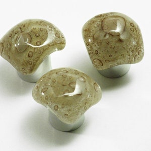 Op de afbeelding: Drie glazen kastknoppen met een paddenstoelontwerp. De knoppen zijn lichtbruin van kleur met een heldere glazen afwerking en hebben een zilveren basis.