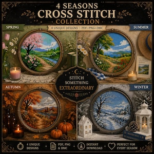 Könnte beinhalten: Ein digitales Stickmuster-Set 4 Seasons Cross Stitch Collection mit vier kreisförmigen Landschaftsmotiven für Frühling, Sommer, Herbst und Winter. Das Bild enthält Textbeschriftungen für jede Jahreszeit, den Titel und den Schriftzug Stitch Something Extraordinary.