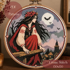 Slavic Witch Cross Stitch Pattern PDF, Gothic Fantasy Embroidery Chart, Moon Witch Cross Stitch, Folk Art Decor, PDF Pattern