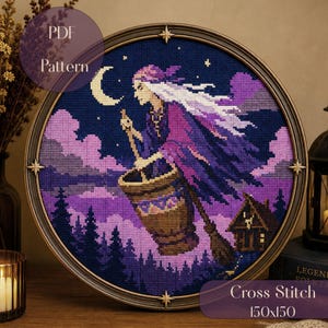Baba Yaga Cross Stitch Pattern PDF, Slavic Witch Embroidery Chart, Folklore Cross Stitch, Dark Cottagecore Decor, 150x150