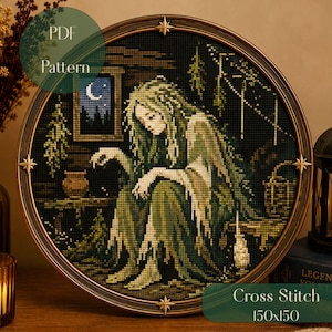 Baba Yaga Cross Stitch Pattern PDF, Slavic Witch Embroidery Chart, Dark Cottagecore Cross Stitch, Folklore Witch Pattern, 150x150