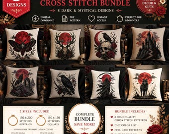 May include: A digital cross stitch bundle featuring 8 dark and mystical designs on cream-colored pillows. The patterns include a moth, deer skull, raven with skull, castle, wolf, crow, grim reaper, and wolf, all with red moon accents and text.